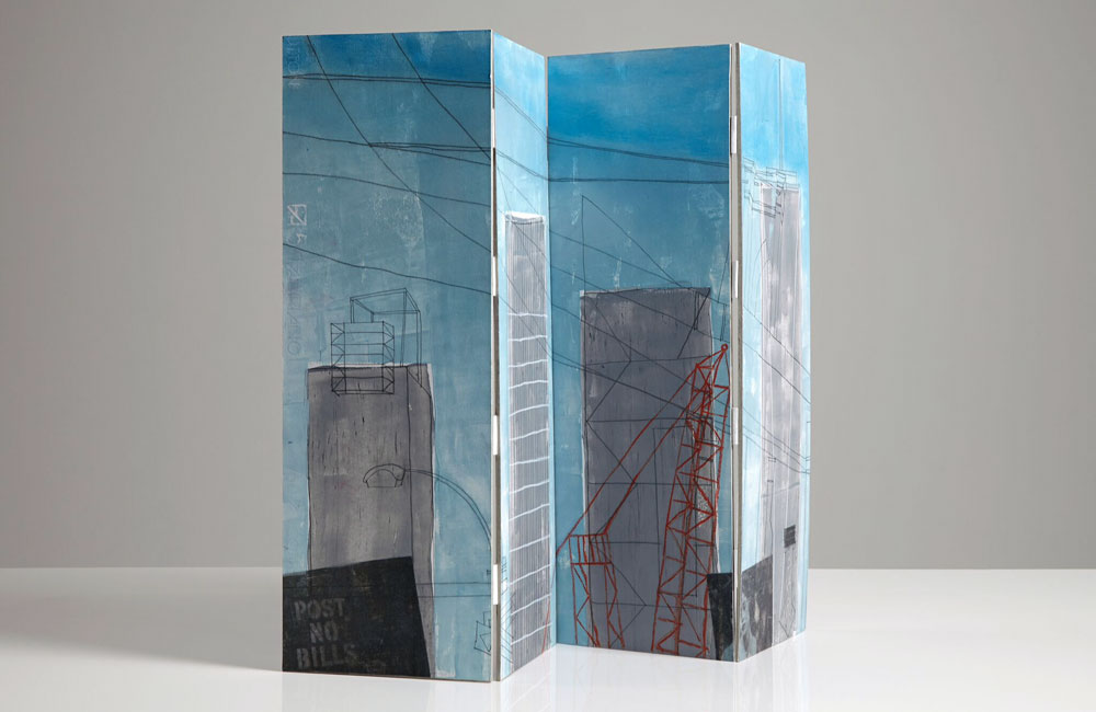 Lynda Wilson, Skyscrapers and Sidewalks (2015) - Mixed media, unique, 45 x 68 cm open, Skyscraper view, £350